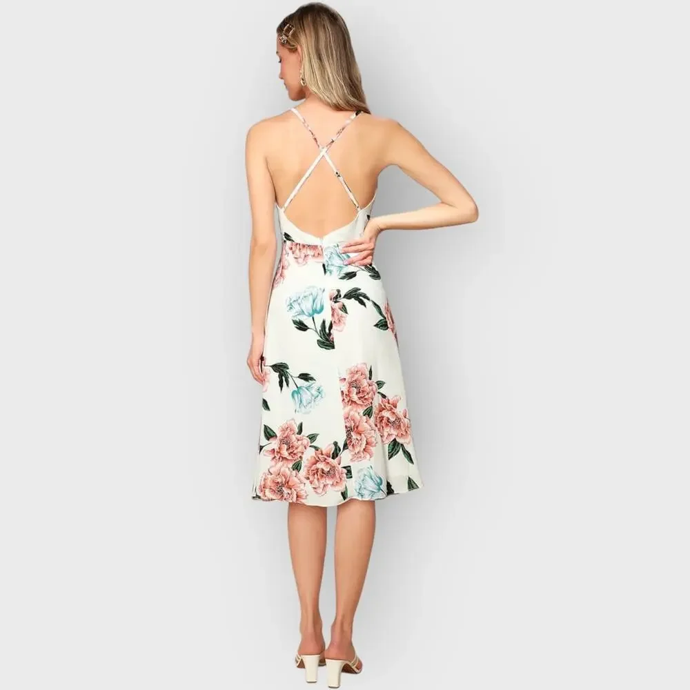 Lulus Floral Midi Dress Medium White Plunge Neck Crisscross Back Romantic Summer